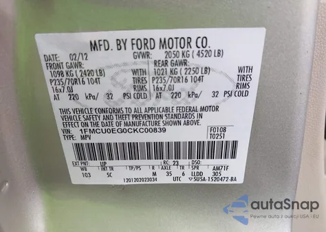 2012 Ford Escape Limited z USA, uszkodzony, nr VIN 1FMCU0EG0CKC00839